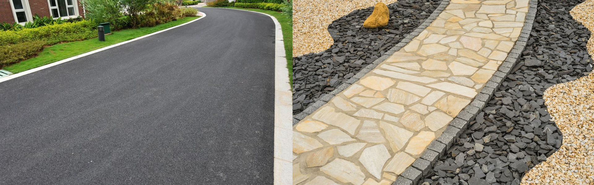 Tarmac driveway alongside a flagged stone path with slate borders